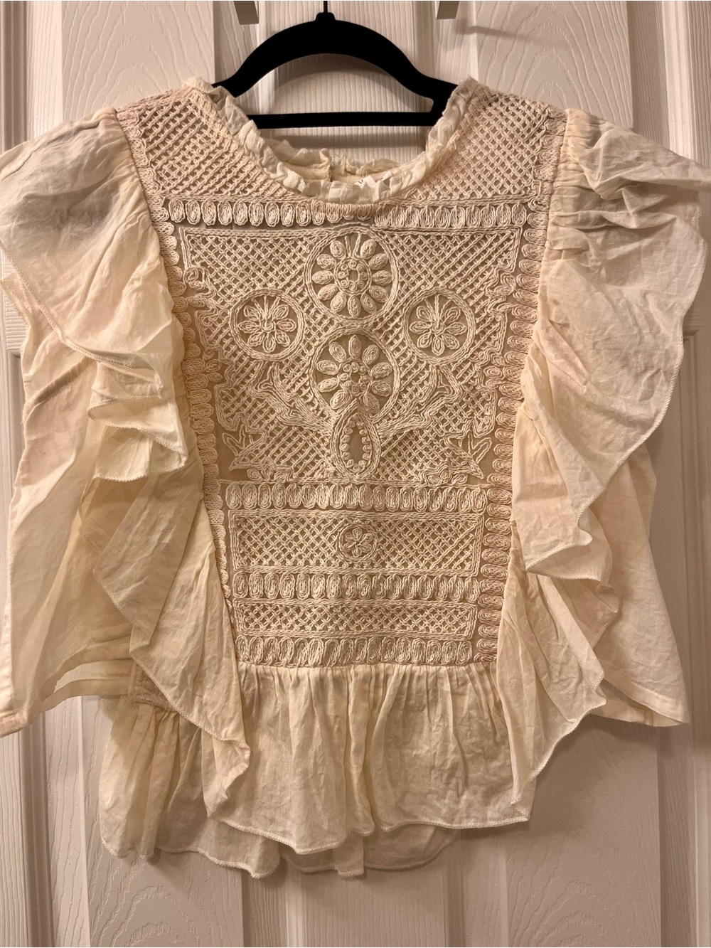 Joie Cream Crochet-Front Ruffle Blouse